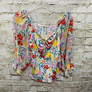 NWT Perseption Concept Floral Print Ruffle Sleeve Tie Neck Blouse